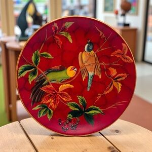 Vintage Decorative Red Plate with Hand-Painted Birds & Leaves –10”Display Plate